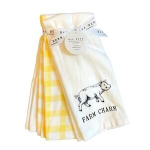 RAE DUNN Farm Charm Set of 3 Summer Yellow Cotton Kitchen Towels 16 x 26 NEW